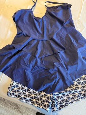 Navy Blue Ruffle Tankini Swim Top with Patterned Shorts